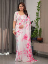 White Satin Georgette Pink Floral Printed Saree with Attached Blouse – Buy Online | Shree Roop