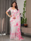 White Satin Georgette Pink Floral Printed Saree with Attached Blouse – Buy Online | Shree Roop