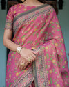 Rani Pink Handloom Cotton Saree with Yellow Floral Print & Royal Horse Pallu