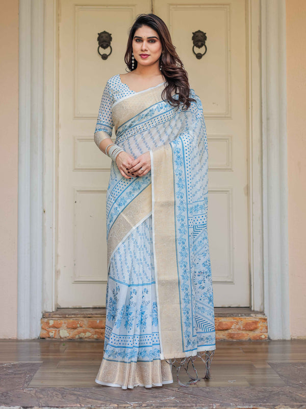 Sky Blue Floral Printed Handloom Cotton Saree with Woven Zari Border & Traditional Pallu