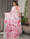 White Satin Georgette Pink Floral Printed Saree with Attached Blouse – Buy Online | Shree Roop