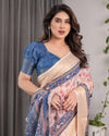 Ivory Pink Handloom Linen Saree with Multicolor Botanical Print & Navy Blue Pallu | Gold Zari Border & Tassel Detailing | 5.5m Saree + 0.8m Blouse