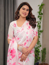 White Satin Georgette Pink Floral Printed Saree with Attached Blouse – Buy Online | Shree Roop