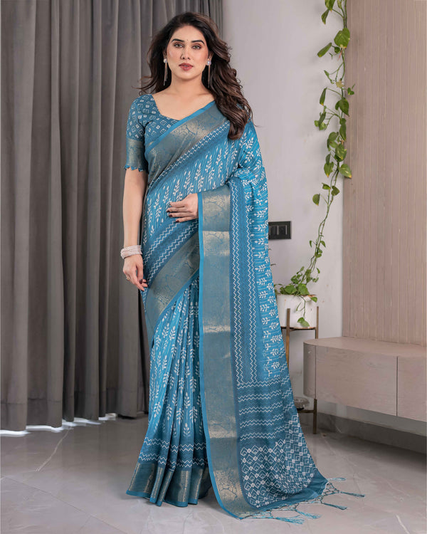 Teal Blue Handloom Linen Saree with White Ethnic Motifs & Zari Border | Artistic Pallu & Tassel Finish | 5.5m Saree + 0.8m Blouse