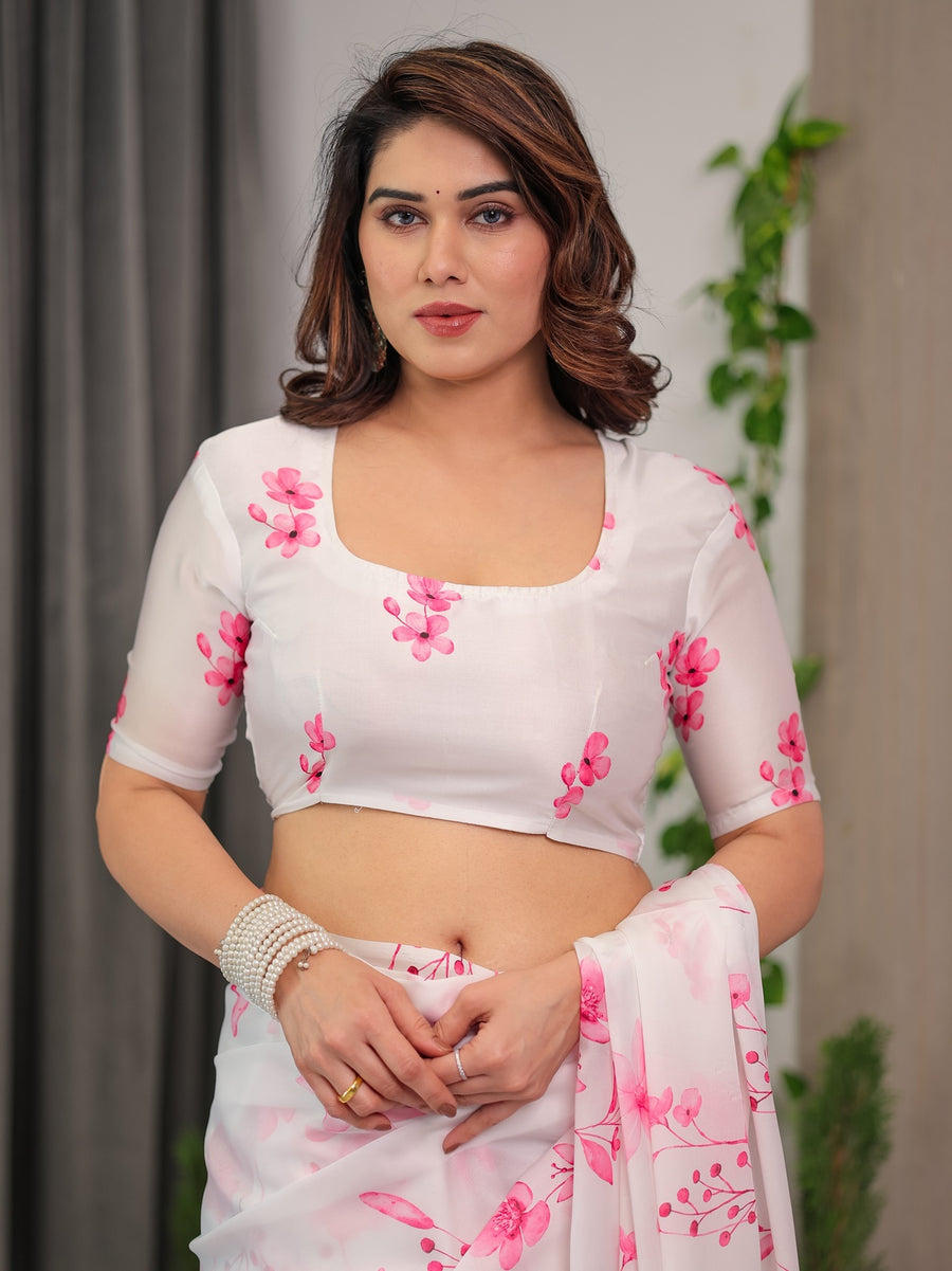 White Satin Georgette Pink Floral Printed Saree with Attached Blouse – Buy Online | Shree Roop