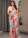 Ivory Satin Georgette Multicolor Abstract Floral Saree with Attached Blouse – Buy Online