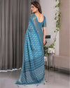 Teal Blue Handloom Linen Saree with White Ethnic Motifs & Zari Border | Artistic Pallu & Tassel Finish | 5.5m Saree + 0.8m Blouse