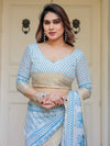 Sky Blue Floral Printed Handloom Cotton Saree with Woven Zari Border & Traditional Pallu