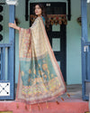 Beige Teal Handloom Cotton Saree with Diamond Buti Print & Enchanted Deer Forest Pallu