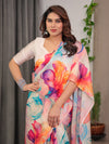 Ivory Satin Georgette Multicolor Abstract Floral Saree with Attached Blouse – Buy Online