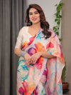 Ivory Satin Georgette Multicolor Abstract Floral Saree with Attached Blouse – Buy Online