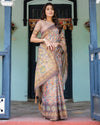 Mauve Beige Handloom Cotton Saree with Pastel Floral Print & Royal Tree-Elephant Pallu