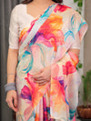 Ivory Satin Georgette Multicolor Abstract Floral Saree with Attached Blouse – Buy Online