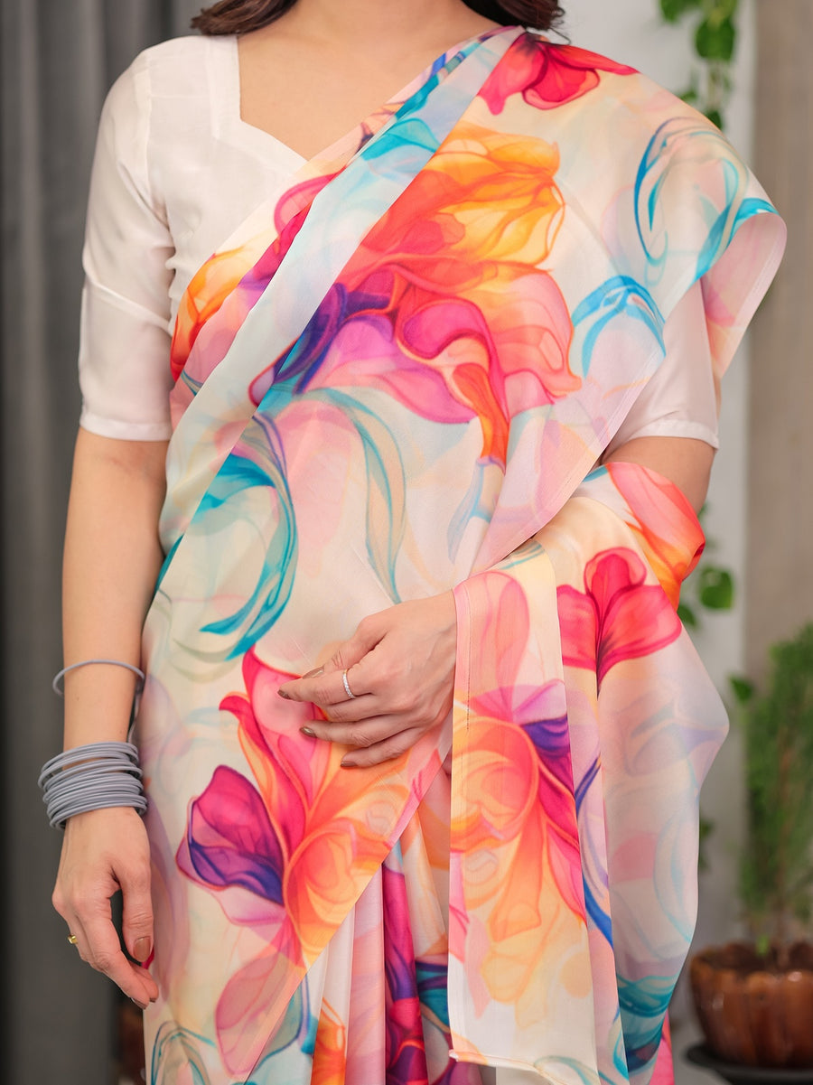 Ivory Satin Georgette Multicolor Abstract Floral Saree with Attached Blouse – Buy Online