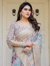 Beige Multicolour Tribal Printed Handloom Cotton Saree with Woven Zari Border & Ethnic Pallu
