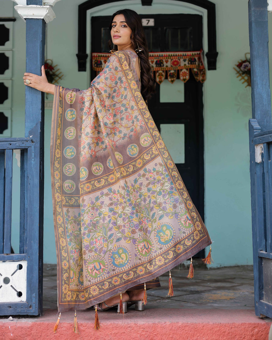 Mauve Beige Handloom Cotton Saree with Pastel Floral Print & Royal Tree-Elephant Pallu