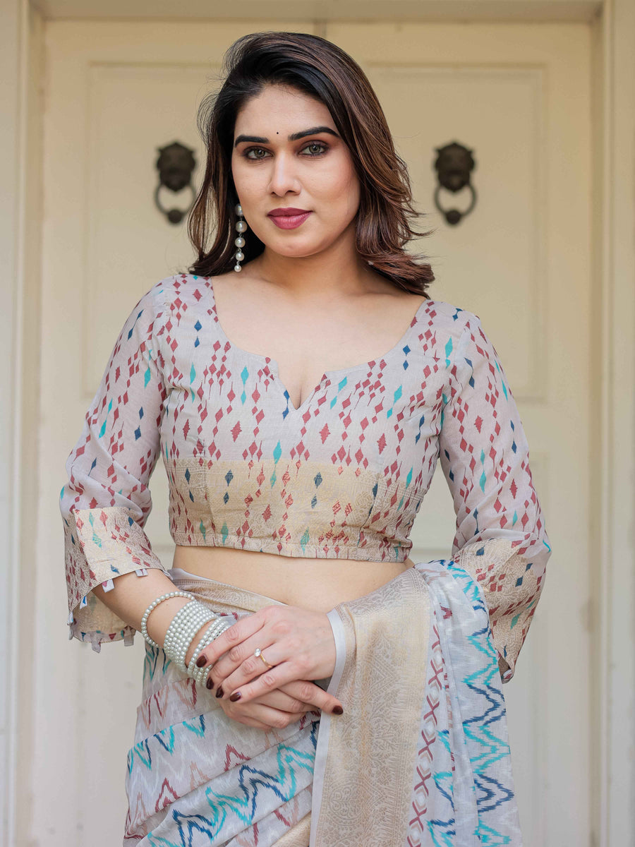 Beige Multicolour Tribal Printed Handloom Cotton Saree with Woven Zari Border & Ethnic Pallu