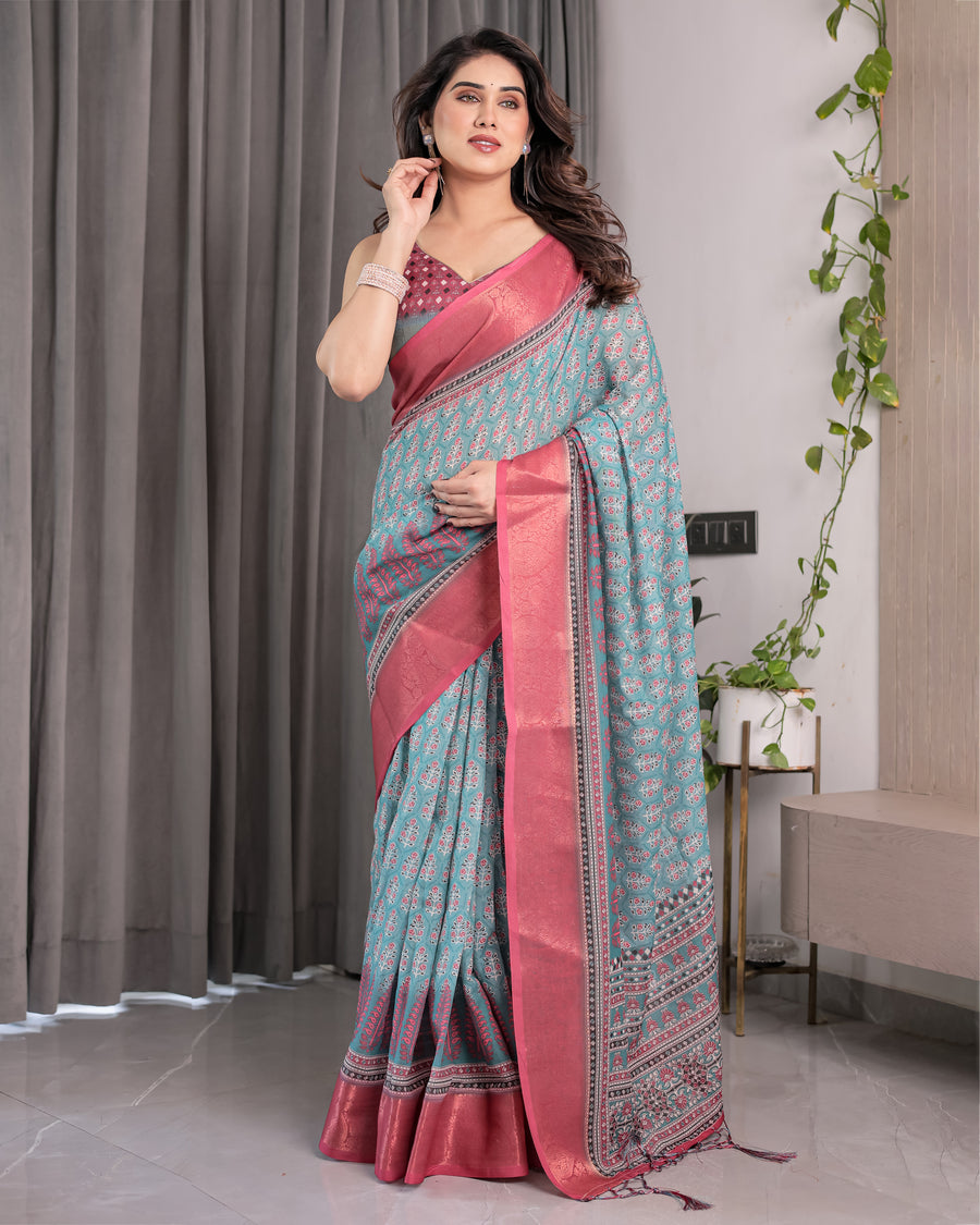 Graceful Green & Beige Saree with Exquisite Floral Prints – Perfect for Weddings & Festive Wear