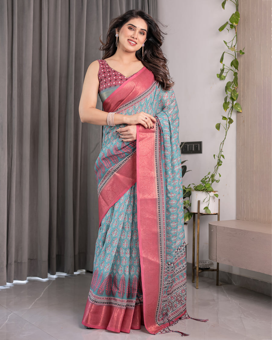 Graceful Green & Beige Saree with Exquisite Floral Prints – Perfect for Weddings & Festive Wear
