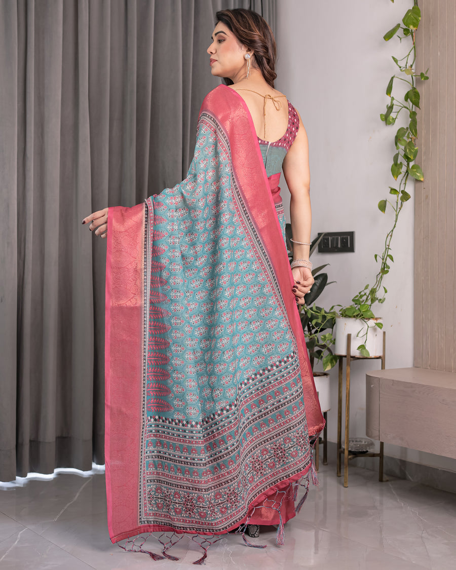 Graceful Green & Beige Saree with Exquisite Floral Prints – Perfect for Weddings & Festive Wear