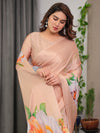 Peach Satin Georgette Floral Printed Saree with Attached Blouse – Buy Online | Shree Roop