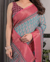 Teal Blue & Rani Pink Handloom Linen Saree with Ethnic Floral Print, Zari Border & Rich Pallu | Tassel Finish | 5.5m Saree + 0.8m Blouse