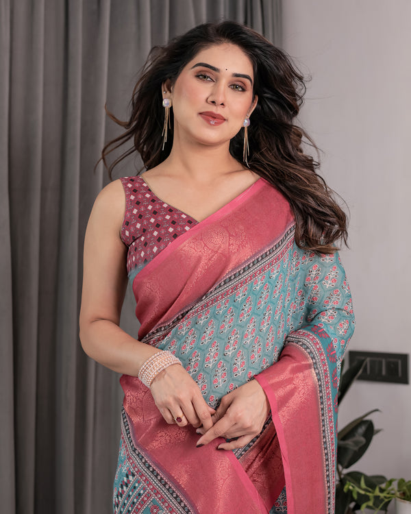 Graceful Green & Beige Saree with Exquisite Floral Prints – Perfect for Weddings & Festive Wear
