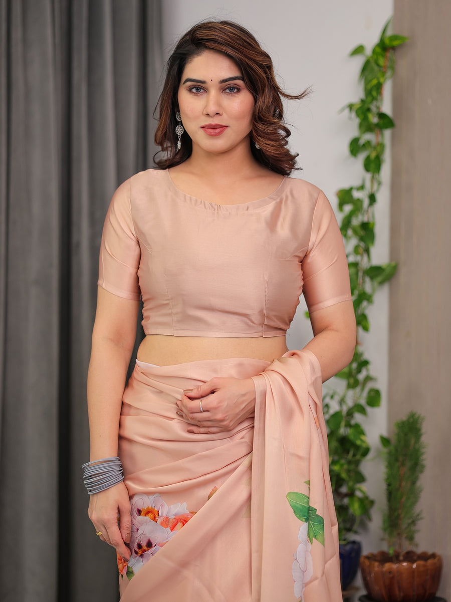 Peach Satin Georgette Floral Printed Saree with Attached Blouse – Buy Online | Shree Roop