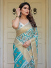 Turquoise Blue Handloom Cotton Printed Saree with Zari Border & Tassel Detailing – Traditional Ethnic Wear