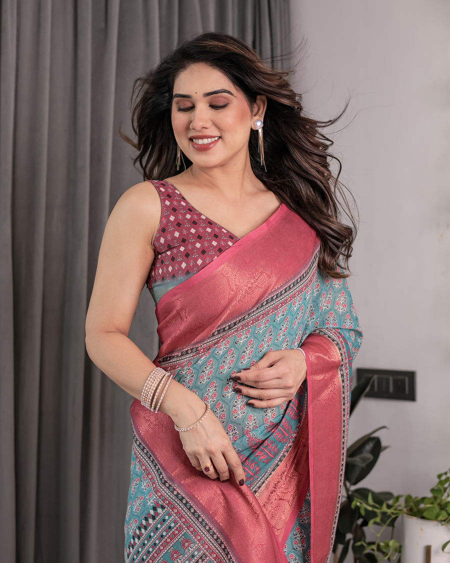 Graceful Green & Beige Saree with Exquisite Floral Prints – Perfect for Weddings & Festive Wear