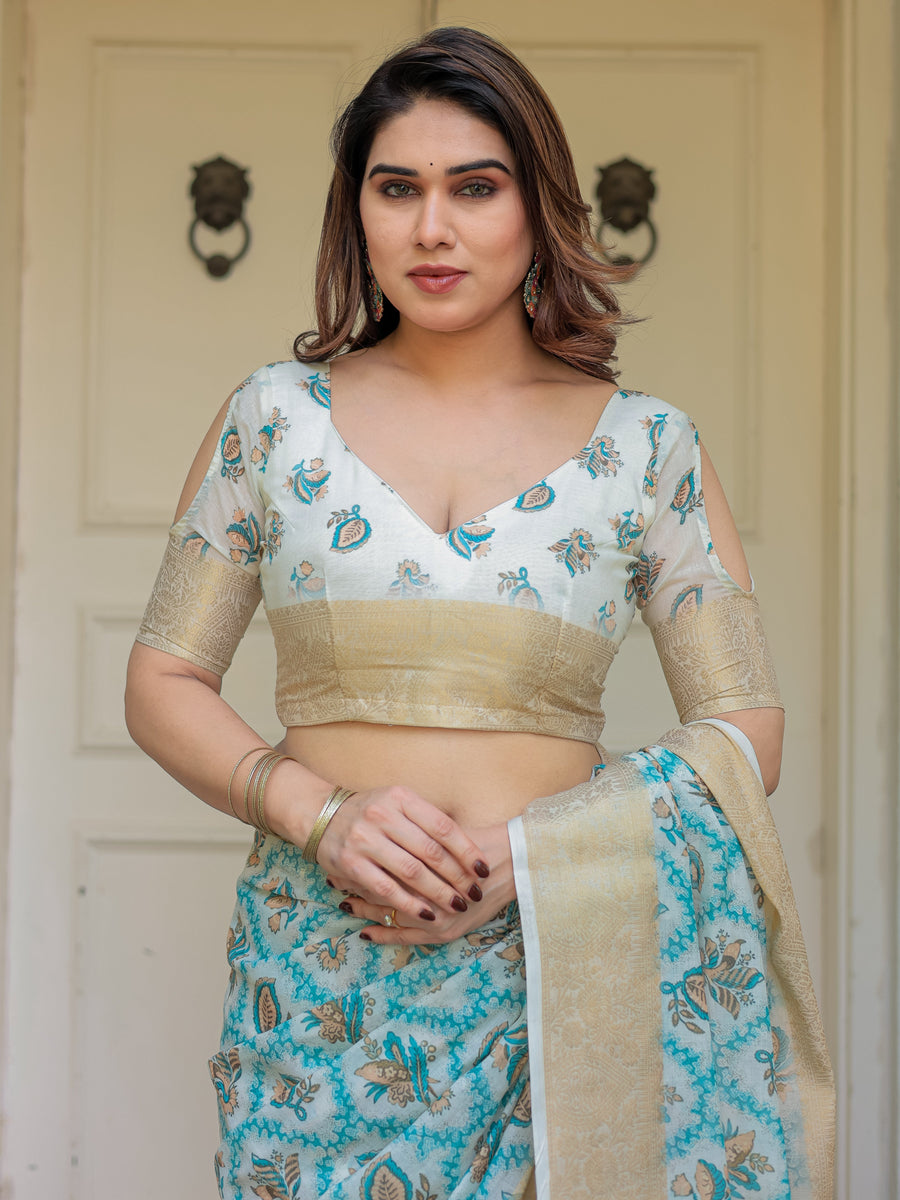 Turquoise Blue Handloom Cotton Printed Saree with Zari Border & Tassel Detailing – Traditional Ethnic Wear