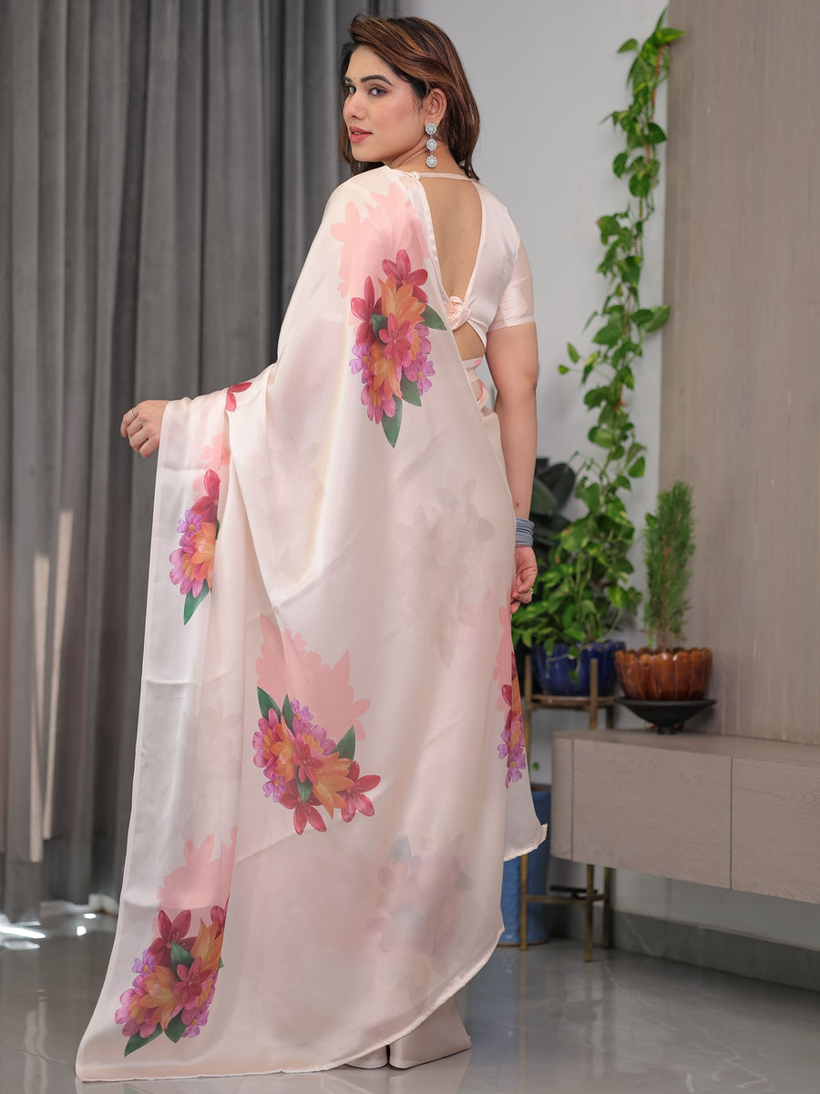 Blush Peach Satin Georgette Floral Printed Saree with Attached Blouse – Buy Online | Shree Roop