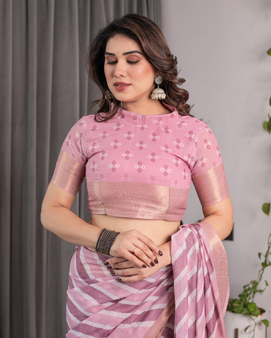 Dusty Pink Linen Handloom Saree with White Geometric Stripes & Tribal Pattern Pallu | Zari Border | 5.5m Saree + 0.8m Blouse with Tassels