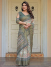 Olive Green Ikat & Ethnic Printed Handloom Cotton Saree with Rich Zari Border & Traditional Pallu