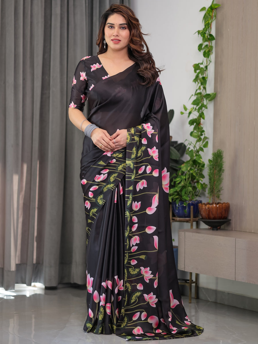 Black Satin Georgette Lotus Floral Printed Saree with Attached Blouse – Buy Online | Shree Roop