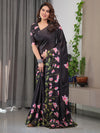 Black Satin Georgette Lotus Floral Printed Saree with Attached Blouse – Buy Online | Shree Roop