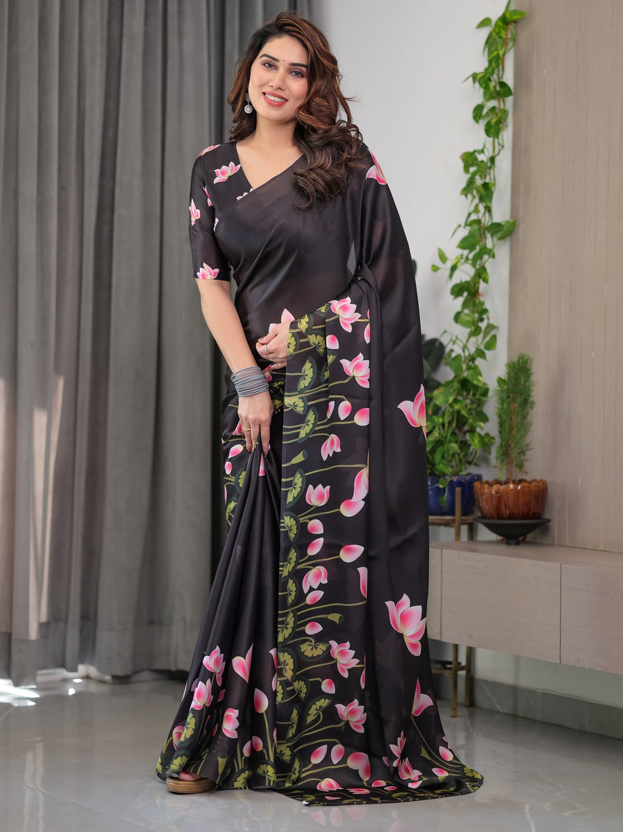 Black Satin Georgette Lotus Floral Printed Saree with Attached Blouse – Buy Online | Shree Roop