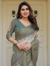 Olive Green Ikat & Ethnic Printed Handloom Cotton Saree with Rich Zari Border & Traditional Pallu