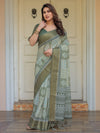 Sage Green Traditional Printed Handloom Cotton Saree with Rich Zari Border & Heritage Pallu