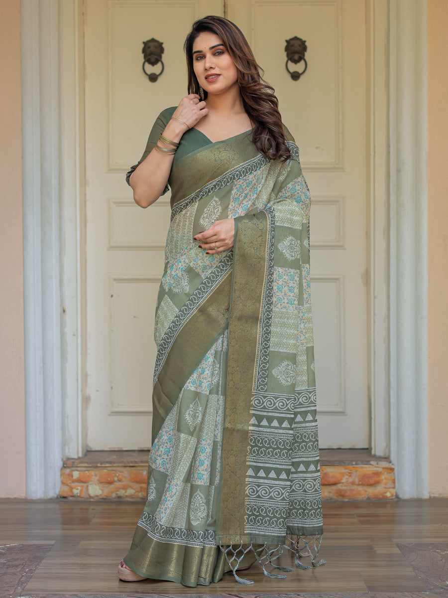 Sage Green Traditional Printed Handloom Cotton Saree with Rich Zari Border & Heritage Pallu