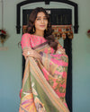 Coral Pink Handloom Cotton Saree with Traditional Folk Procession Print & Classical Dance Pallu