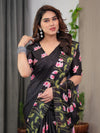 Black Satin Georgette Lotus Floral Printed Saree with Attached Blouse – Buy Online | Shree Roop