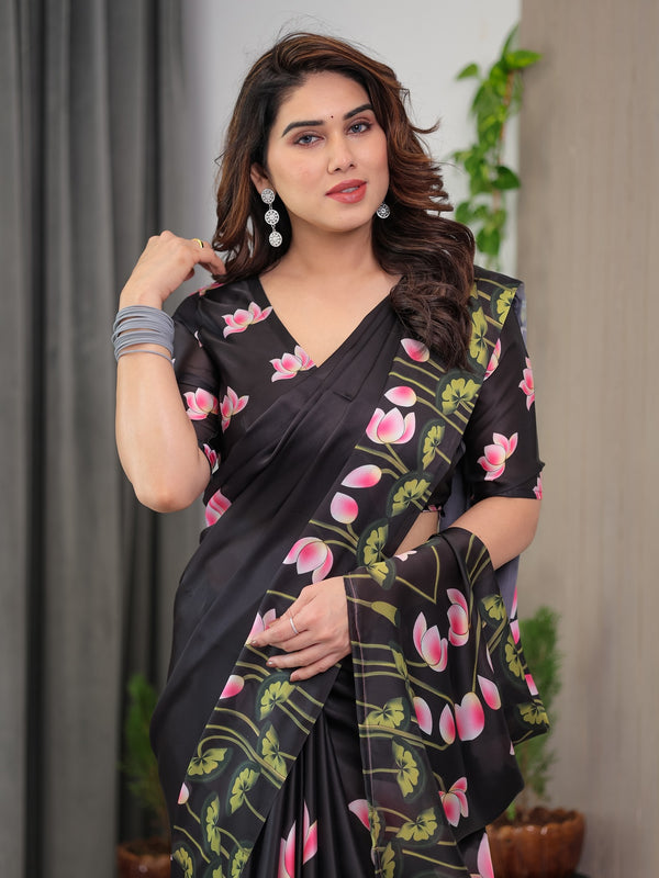 Black Satin Georgette Lotus Floral Printed Saree with Attached Blouse – Buy Online | Shree Roop