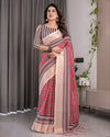 Rust Red Handloom Cotton Linen Saree with Black Floral Buti Print & Zari Border | Ethnic Striped Blouse | 5.5m Saree + 0.8m Blouse Piece