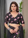 Black Satin Georgette Lotus Floral Printed Saree with Attached Blouse – Buy Online | Shree Roop