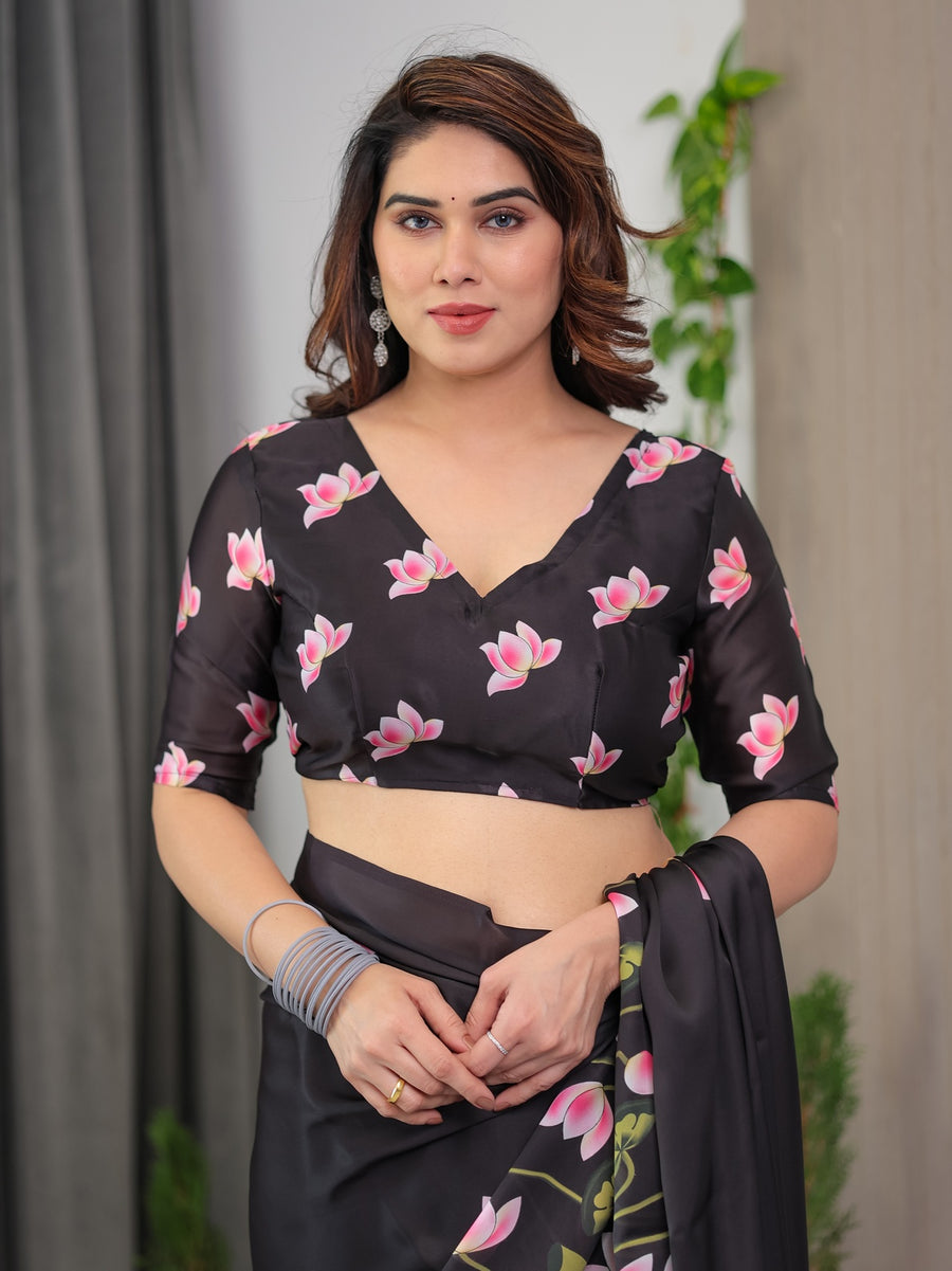 Black Satin Georgette Lotus Floral Printed Saree with Attached Blouse – Buy Online | Shree Roop