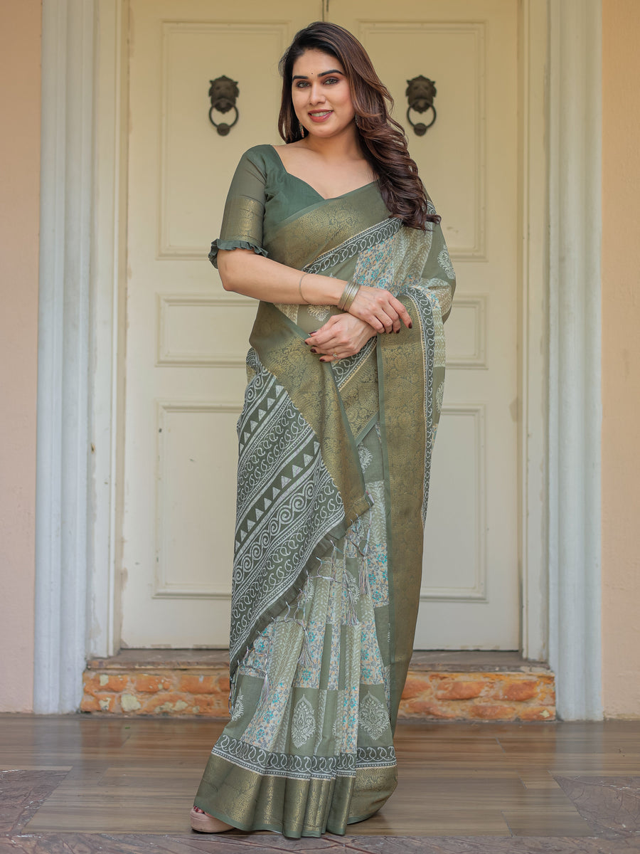 Sage Green Traditional Printed Handloom Cotton Saree with Rich Zari Border & Heritage Pallu