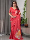 Coral Red Satin Georgette Floral Printed Saree with Attached Blouse – Buy Online | Shree Roop