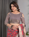 Rust Red Handloom Cotton Linen Saree with Black Floral Buti Print & Zari Border | Ethnic Striped Blouse | 5.5m Saree + 0.8m Blouse Piece
