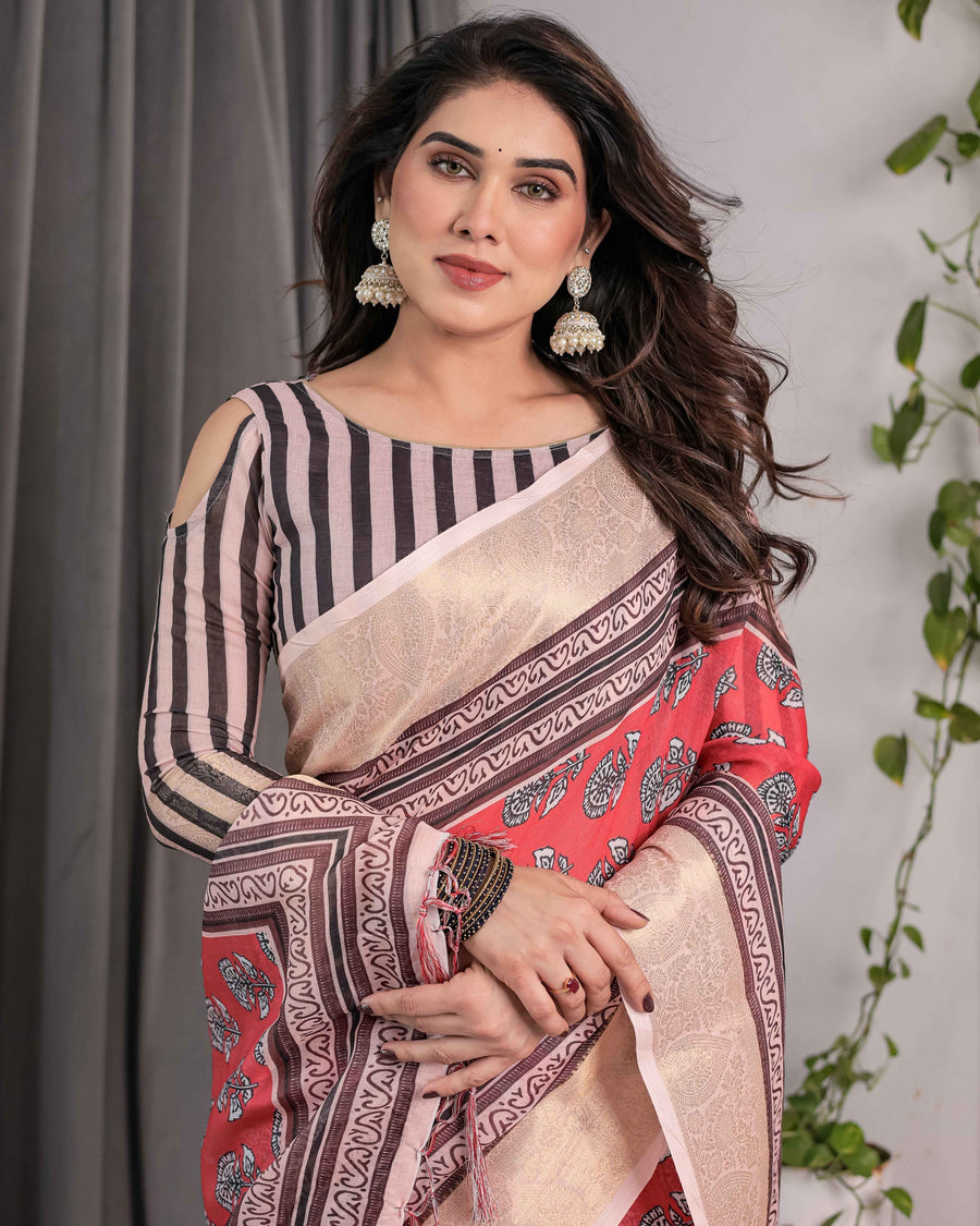 Rust Red Handloom Cotton Linen Saree with Black Floral Buti Print & Zari Border | Ethnic Striped Blouse | 5.5m Saree + 0.8m Blouse Piece